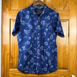 Even Tide Mens Blue Floral Linen Blend Slim Fit SS Button Down Shirt Lg Tall